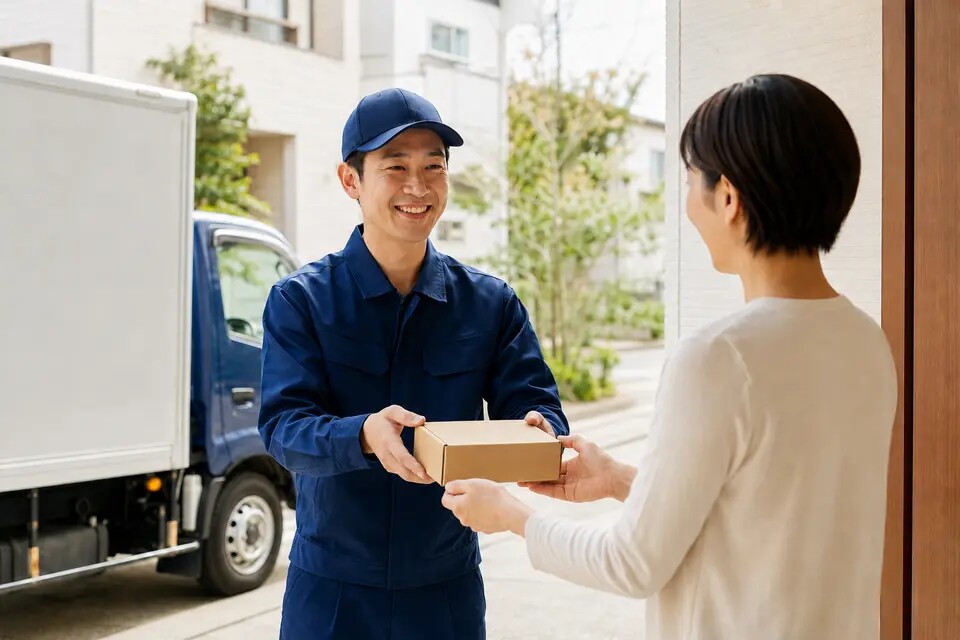 小さな荷物を明るく手渡す配送員と配送トラックのイメージ