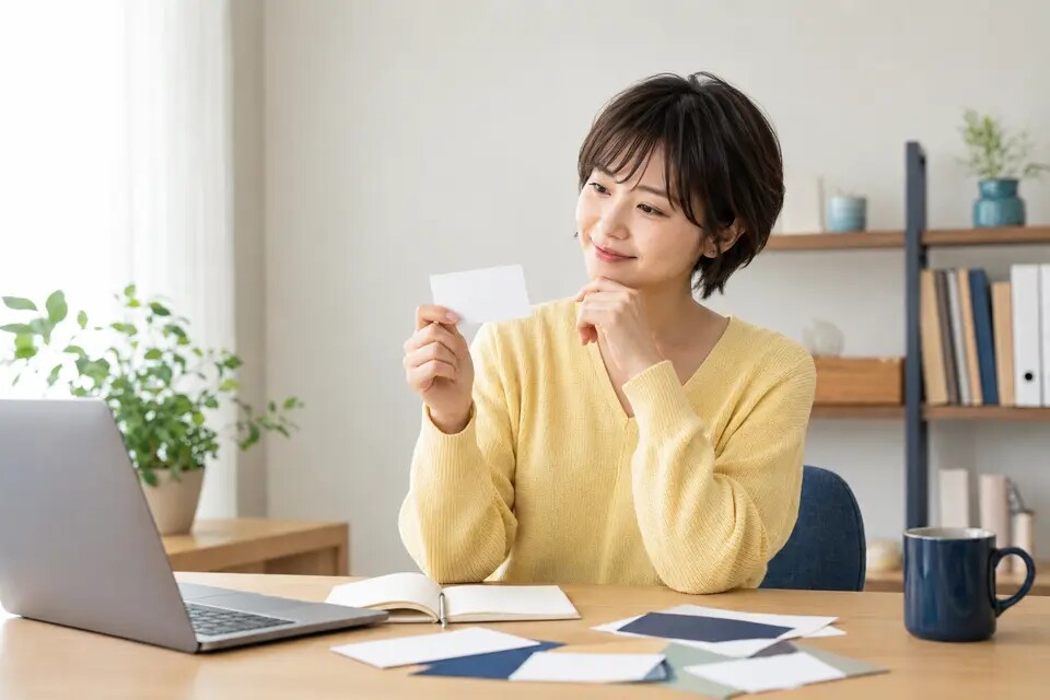 名刺づくりの始め方を考える女性のイメージ