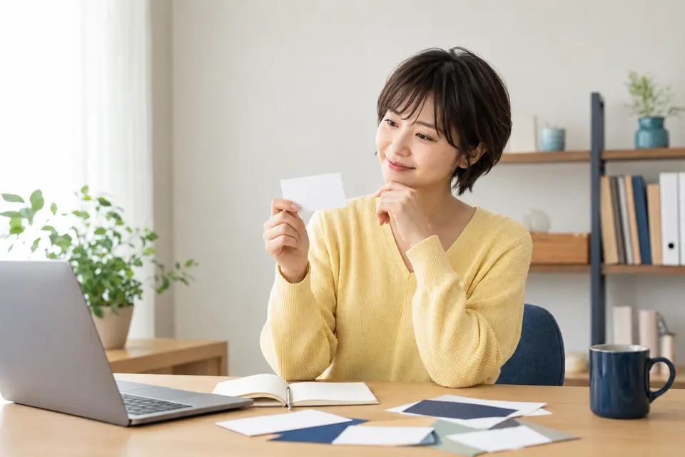 名刺づくりの始め方を考える女性のイメージ