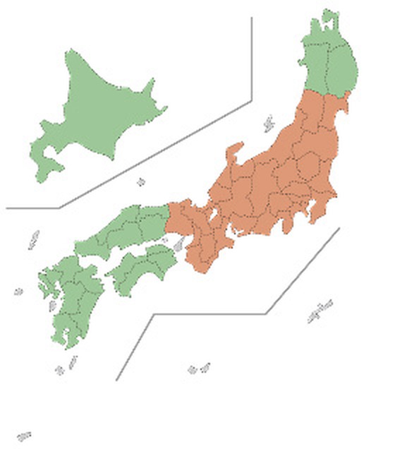 A地区・B地区・C地区の配送地域を色分けした日本地図