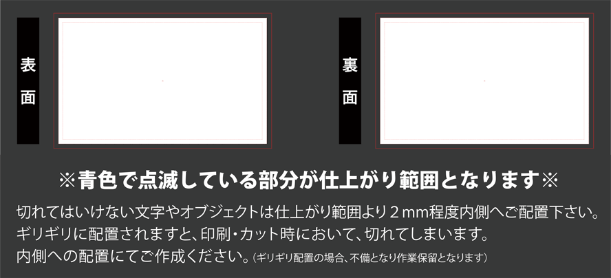 表面と裏面の名刺テンプレートで、文字やロゴを内側に置く安全範囲を示した図